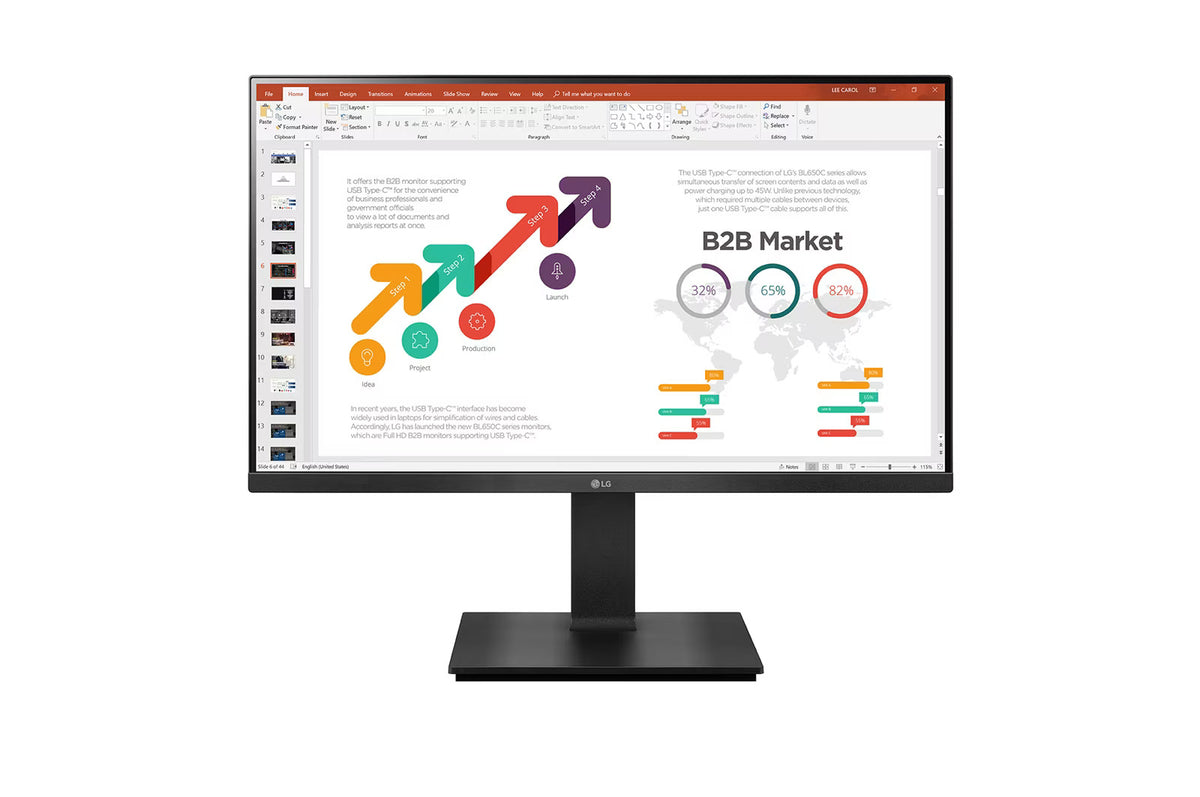 LG 24BP45SP-B Monitor előlnézetben, talpra szerelve. A kijelzőn üzleti diagramok prezentációval.