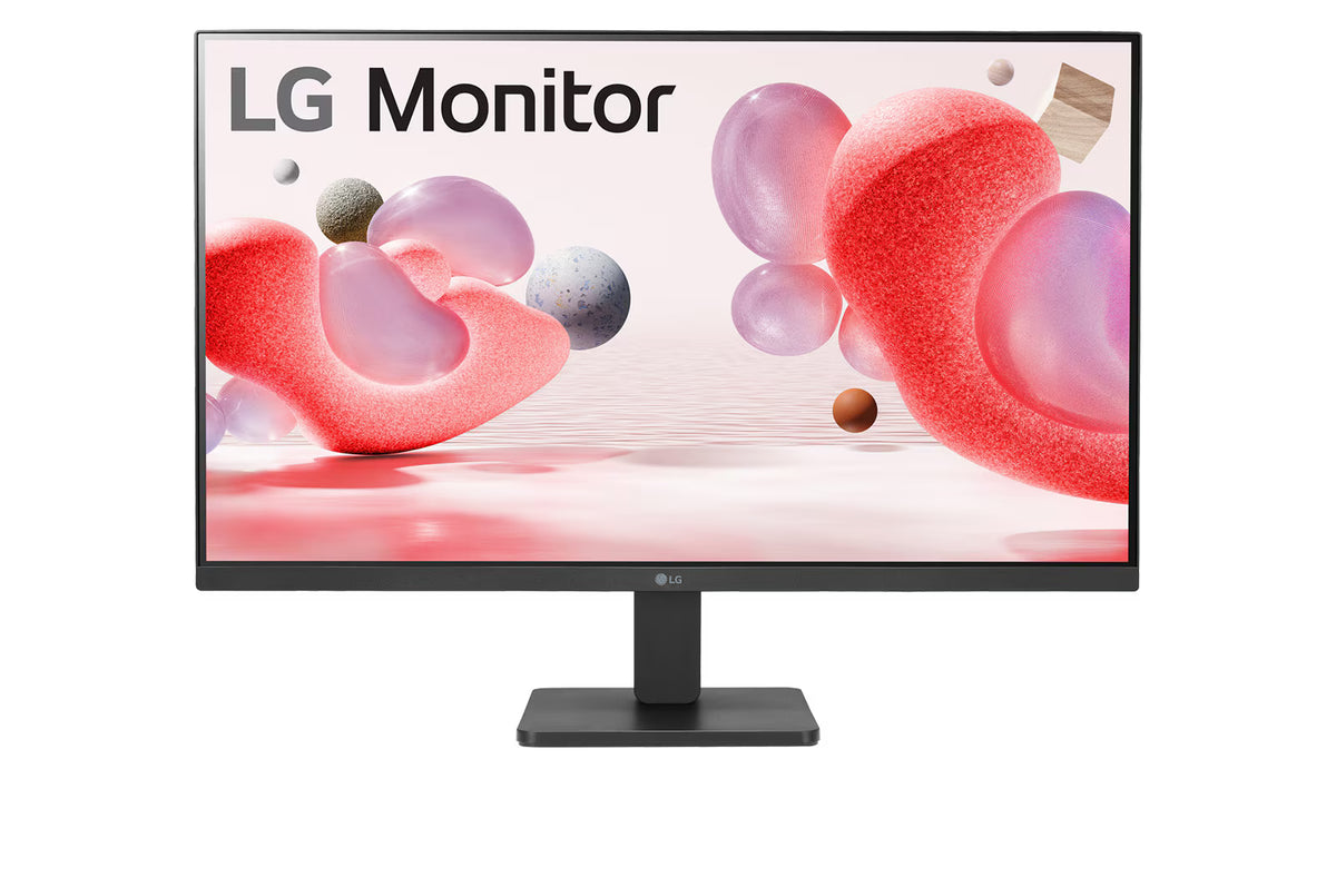 LG 24MR400-B Monitor előlnézetben talpon. A kijelzőn színes formák, alakzatok és LG logó.