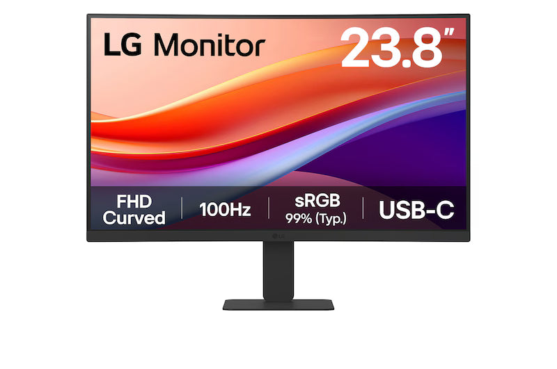 LG 24U421A-B Monitor előlnézetben, talpon. A kijelzőn lilás narancssárga absztrakt ábra és a lényeges paraméterek.