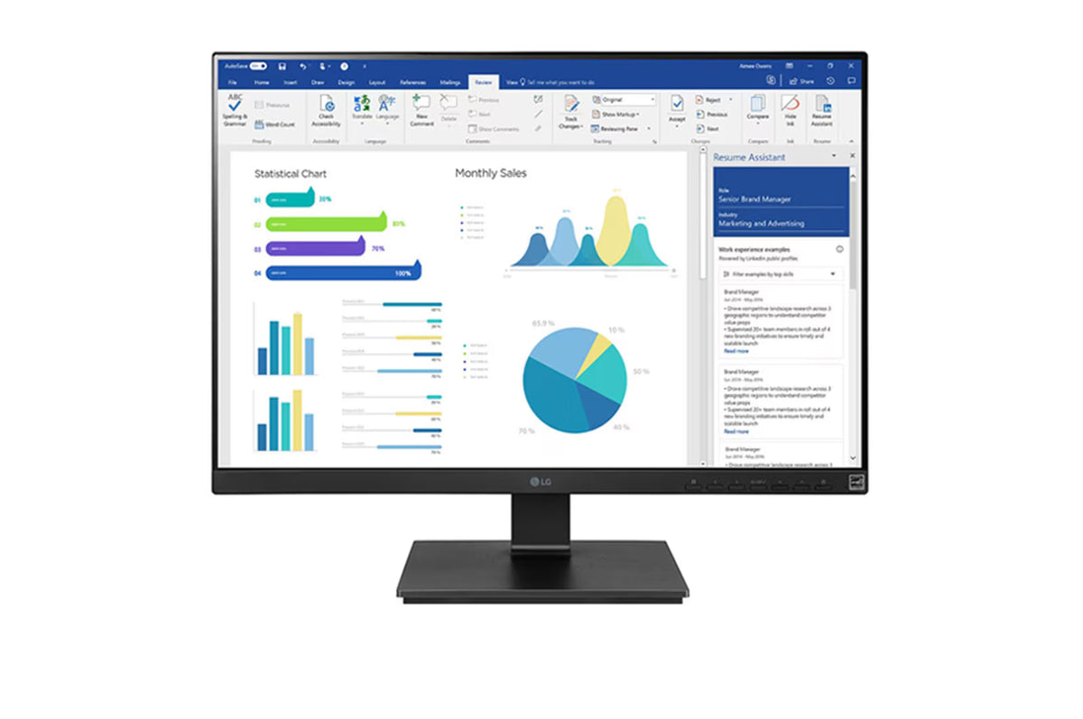 LG 25BL55WY-B Monitor előlnézetben enyhén talpon. A kijelzőn üzleti diagram szerkesztés microsoft powerpoint.