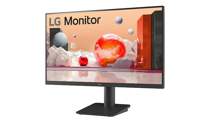 LG 25MS500-B Monitor előlnézetben talpon, enyhén balra fordítva. A képernyőn színes márvány szerű alakzatok.