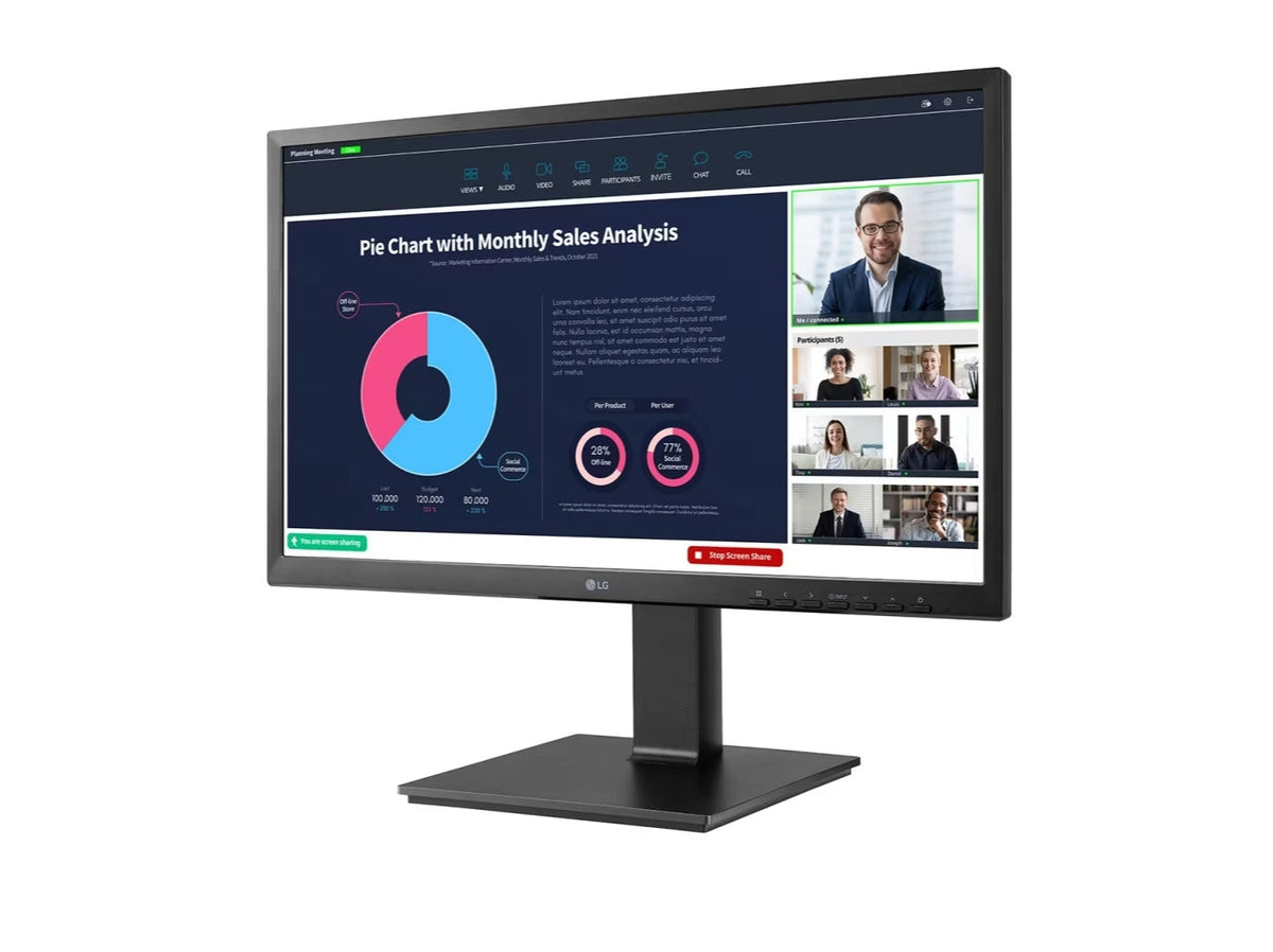 LG 24BP750C-B Monitor előlnézetben enyhén balra fordítva, talpra szerelve. A kijelzőn üzleti meeting és diagramok.
