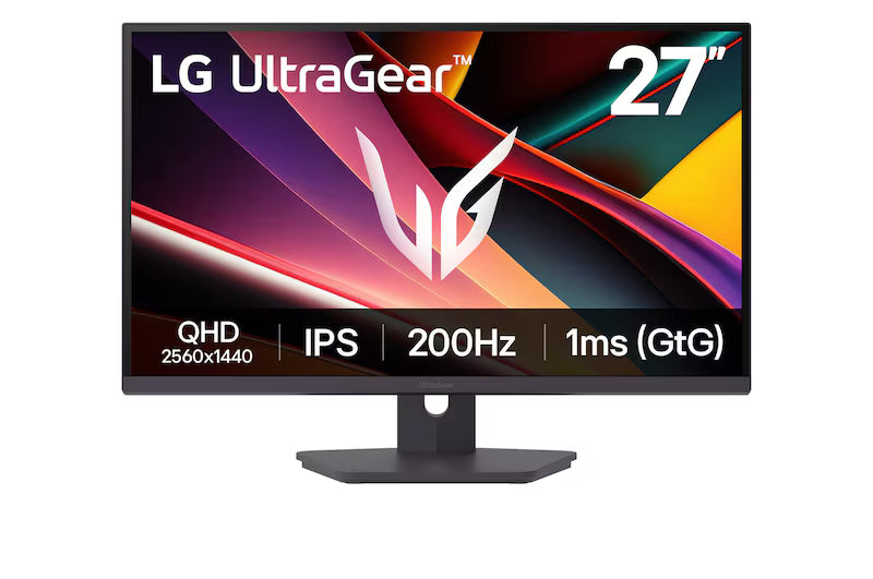 LG 27G610A-B Monitor előlnézetben talpon. A kijelzőn zöldes sárga absztrakt ábra és a főbb paraméterek.