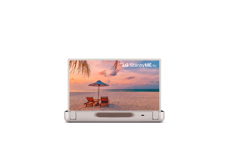 LG 27LX5QKNA monitor előlnézetben. A kijelzőn lg standbyme go logó és tengerpart.
