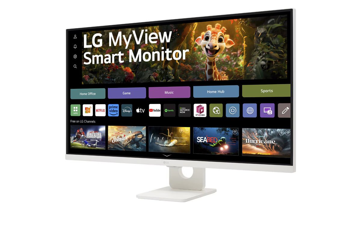 LG 27SR73U-W Monitor előlnézetben enyhén balra fordítva, talpon. A kijelzőn WebOS kezdőképernyő és myview logó.