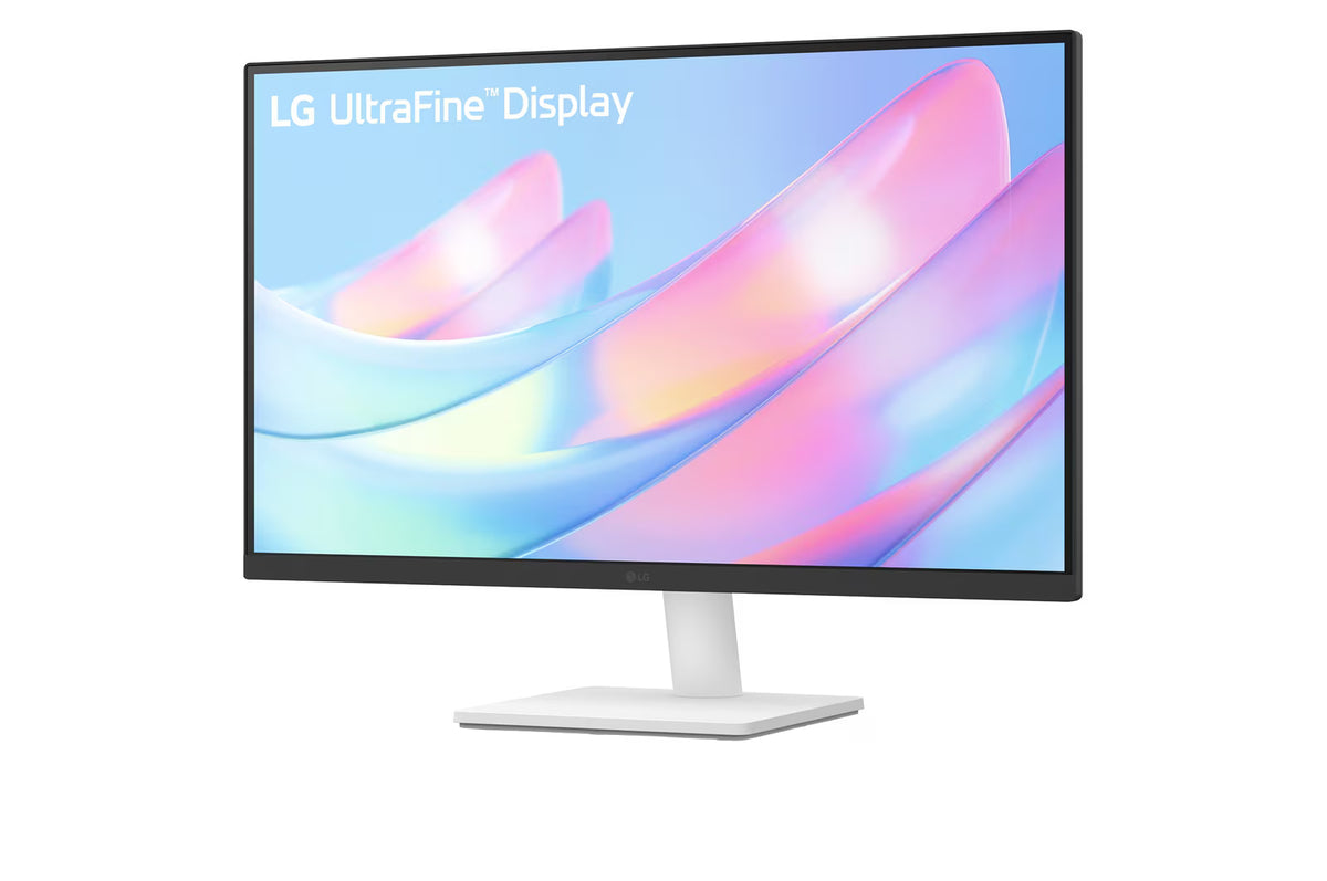 LG 27US500-W Monitor előlnézetben enyhén balra fordítva. A kijelzőn rózsaszínes világos kék absztrakt ábra és ultrafine display logó.