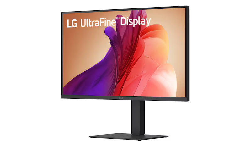 LG 32U720A-B Monitor előlnézetben talpon, enyhén balra fordítva. A kijelzőn ultrafine display logó.