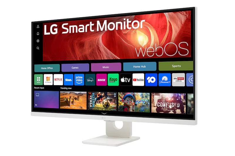 LG 32U721SA-W Monitor előlnézetben talpon, enyhén balra fordítva. A kijelzőn webos kezdőképernyő és applikációk ikonjai.