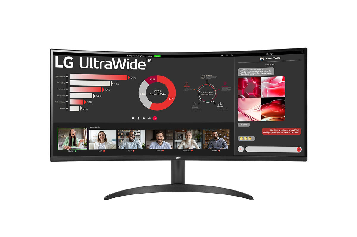 LG 34WR50QK-B Monitor előlnézetben, talpon. A kijelzőn online meeting és diagramok.