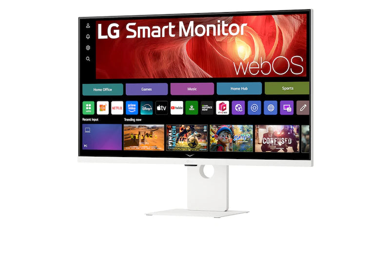 LG 37U730SA-W Monitor előlnézetben talpon, enyhén balra fordítva. A kijelzőn webos kezdőképernyő és applikációk ikonjai.