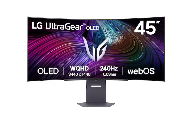LG 45GX900A-B monitor előlnézetben talpon. A képernyőn lg ultragear oled logó és rózsaszín lilás absztrakt ábra.