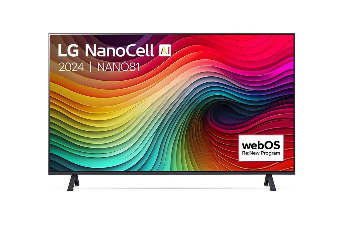 LG NANO81 szériás televízió előlnézetben talpon.
