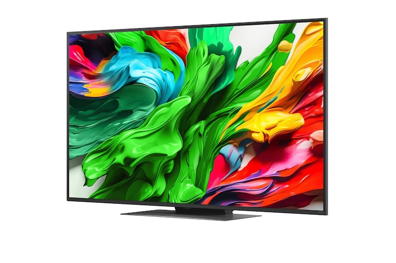 LG 43QNED86A televízió előlnézetben talpon, enyhén balra fordítva. A kijelzőn színes festékek kavarognak.