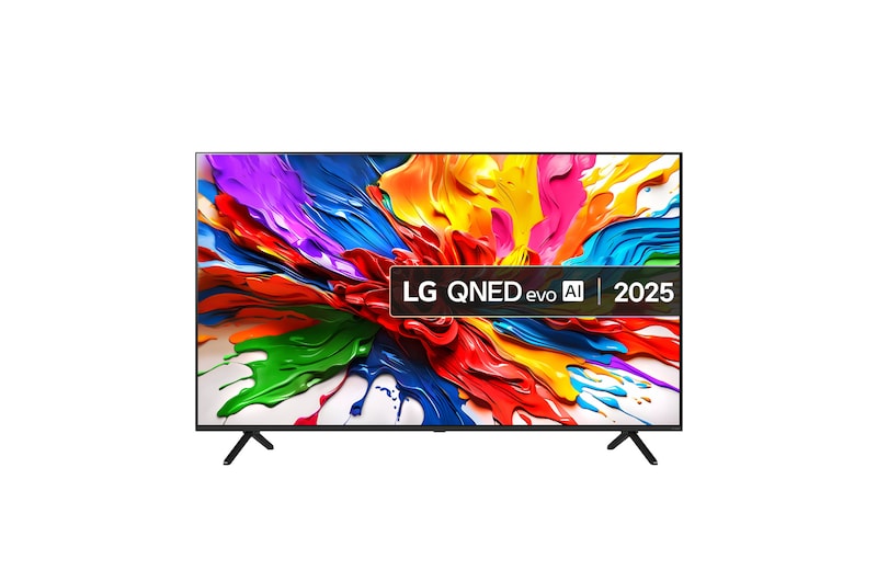 LG 75QNED92A televízió előlnézetben talpon. A kijelzőn színes festék keverék és qned evo ai logó.