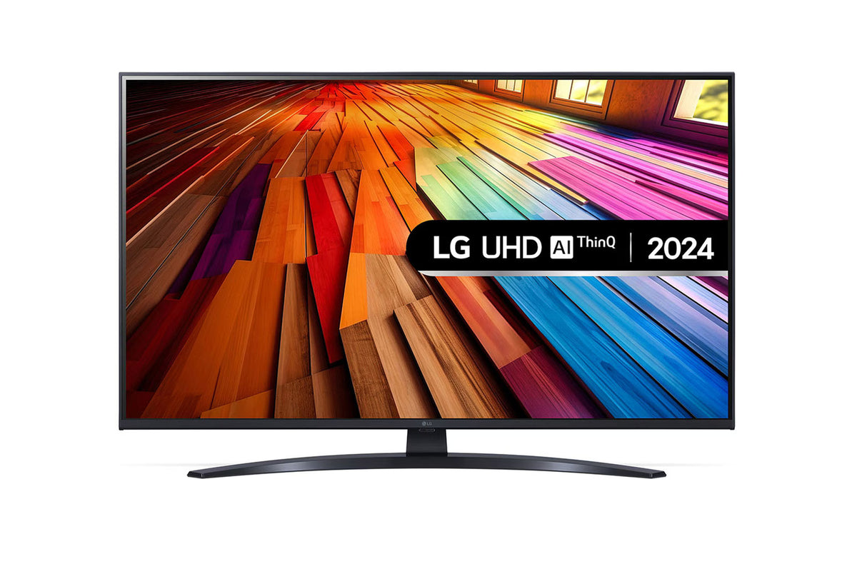 LG 65UT8100 Smart televízió előlnézetben talpon. A képernyőn színes padlólapok és lg uhd thinq ai logó.