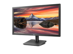 LG 22MP410-B Monitor előlnézetben enyhén balra fordítva, talpon. A kijelzőn északi naplementés tájkép.