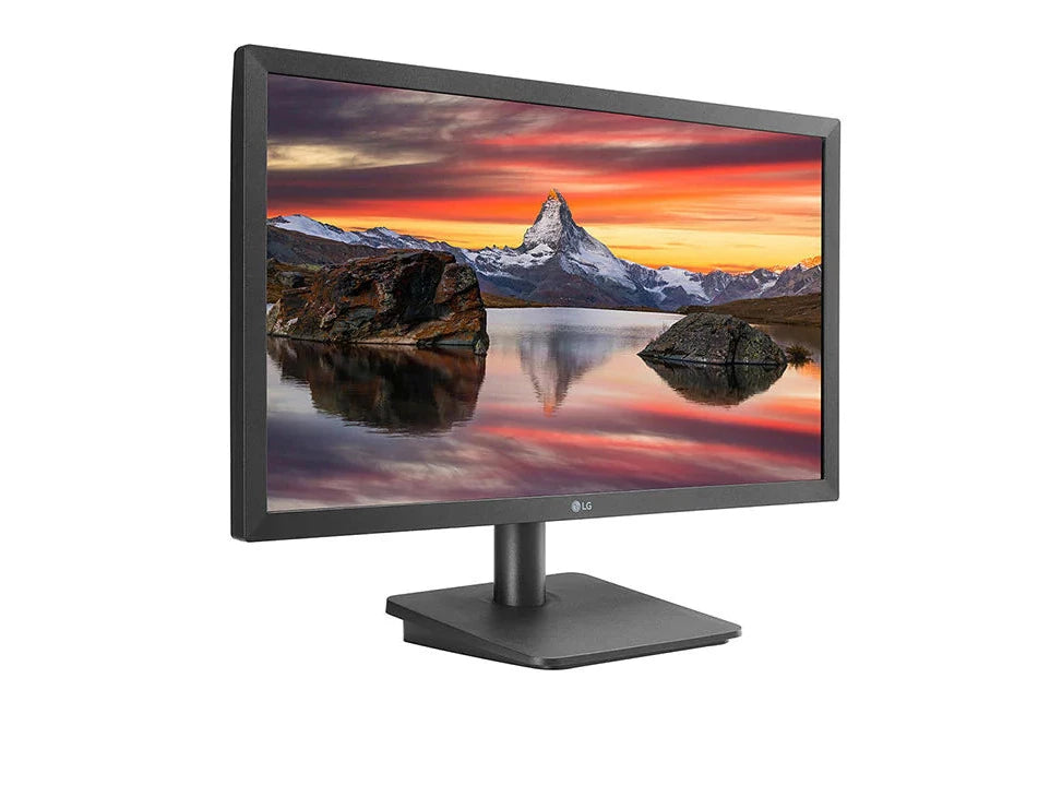 LG 22MP410-B Monitor előlnézetben jobbra fordítva, talpon. A kijelzőn északi naplementés tájkép.