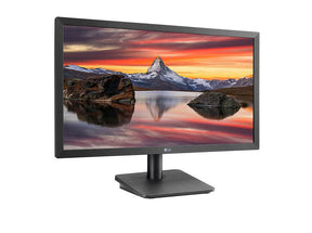 LG 22MP410-B Monitor előlnézetben enyhén jobbra fordítva, talpon. A kijelzőn északi naplementés tájkép.