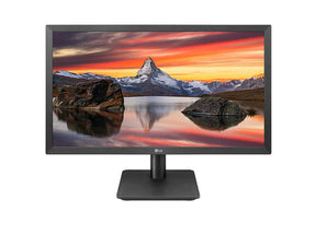 LG 22MP410-B Monitor előlnézetben, talpon. A kijelzőn északi naplementés tájkép.