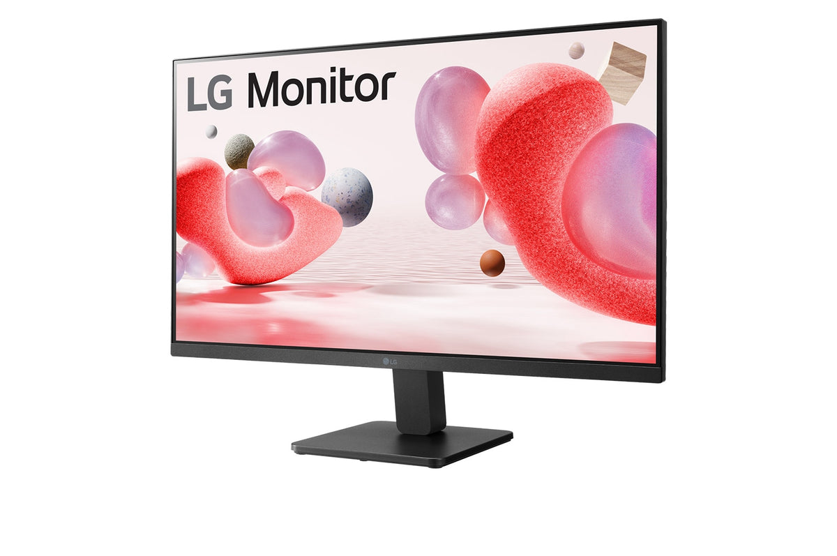LG 22MR410-B Monitor előlnézetben talpon, balra fordítva. A kijelzőn színes formák, alakzatok és LG logó.