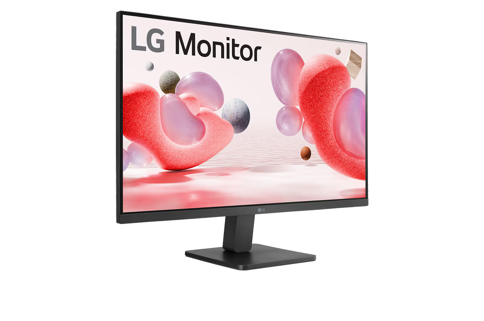 LG 22MR410-B Monitor előlnézetben talpon, jobbra elfordítva. A kijelzőn színes formák, alakzatok és LG logó.