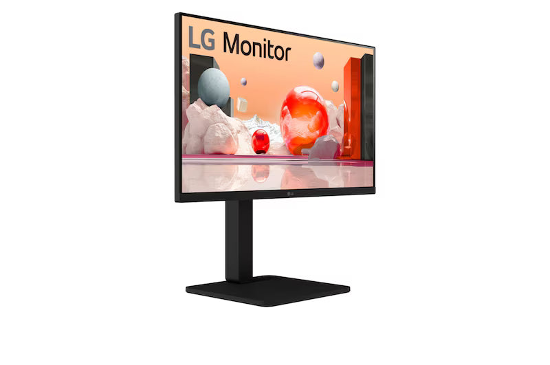 LG 24BA450-B Monitor előlnézetben, jobbra fordítva, talpon. A képernyőn színes márvány szerű alakzatok.