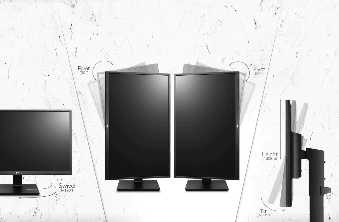 LG 24BK550Y-I Monitor formatervezése és mozgástartománya minden irányból bemutatva.