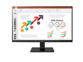 LG 24BL650C-B Monitor előlnézetben, talpra szerelve. A kijelzőn üzleti diagramok prezentációval.