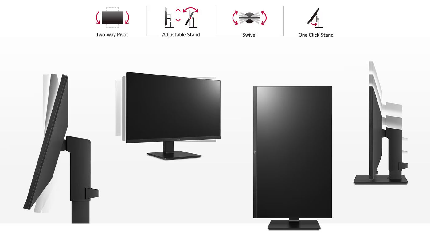 LG 24BN650Y-B monitor, nagyobb mozgástartományban állítható magasság és dőlésszög.