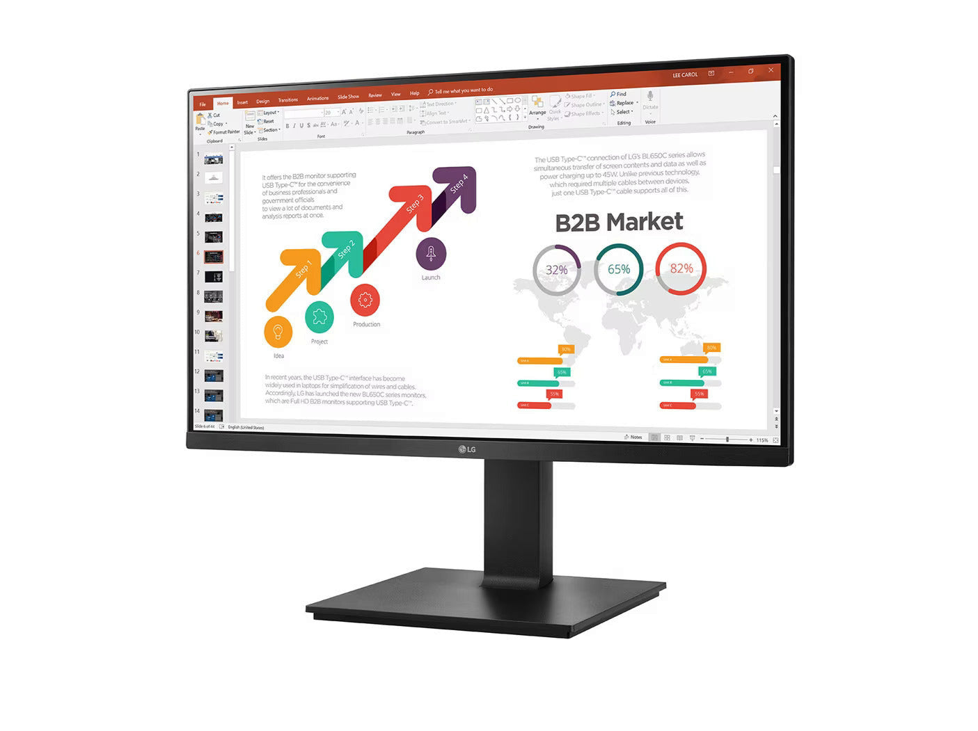 LG 24BP450Y-B Monitor előlnézetben enyhén balra fordítva, talpra szerelve. A kijelzőn üzleti diagramok prezentációval.