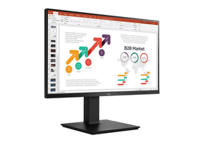 LG 24BP450Y-B Monitor előlnézetben jobbra fordítva, talpra szerelve. A kijelzőn üzleti diagramok prezentációval.