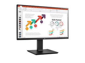 LG 24BP450Y-B Monitor előlnézetben enyhén jobbra fordítva, talpra szerelve. A kijelzőn üzleti diagramok prezentációval.