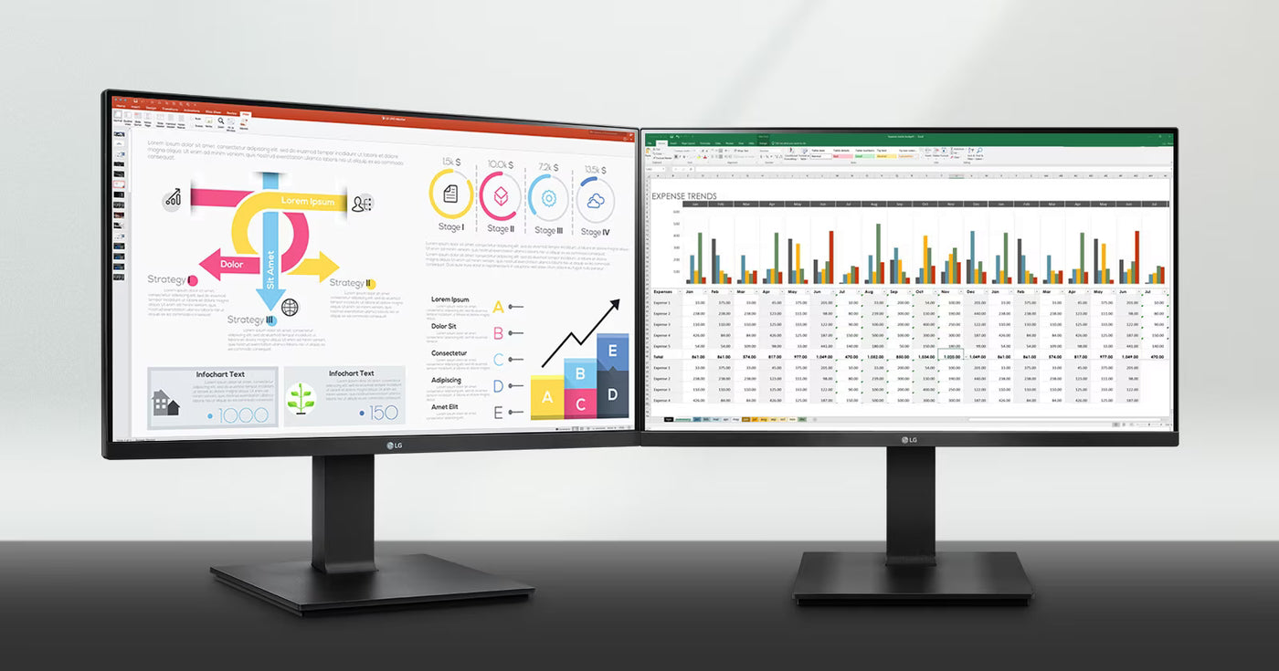 2db LG 24BP450Y keret nélküli monitor, kávamentes formatervezéssel egymás mellett.