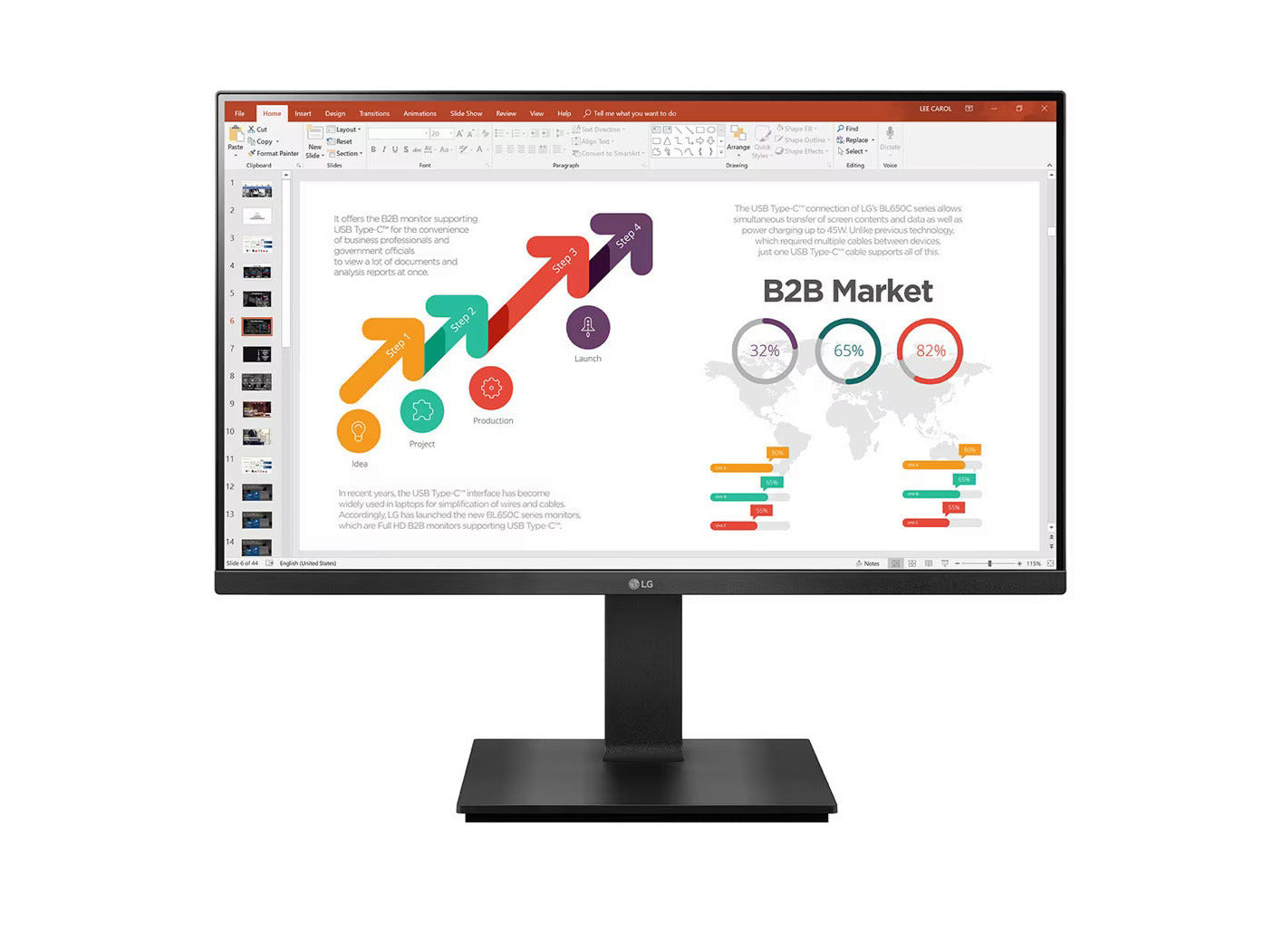 LG 24BP450Y-B Monitor előlnézetben, talpra szerelve. A kijelzőn üzleti diagramok prezentációval.