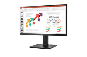 LG 24BP45SP-B Monitor előlnézetben enyhén balra fordítva, talpra szerelve. A kijelzőn üzleti diagramok prezentációval.