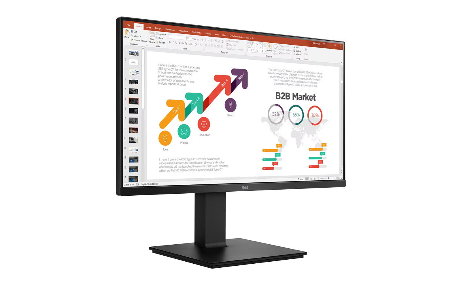 LG 24BP45SP-B Monitor előlnézetben jobbra fordítva, talpra szerelve. A kijelzőn üzleti diagramok prezentációval.