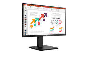 LG 24BP45SP-B Monitor előlnézetben jobbra fordítva, talpra szerelve. A kijelzőn üzleti diagramok prezentációval.