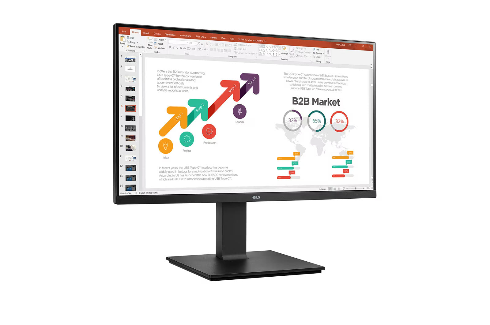 LG 24BP45SP-B Monitor előlnézetben enyhén jobbra fordítva, talpra szerelve. A kijelzőn üzleti diagramok prezentációval.