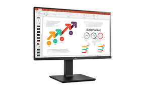 LG 24BP45SP-B Monitor előlnézetben enyhén jobbra fordítva, talpra szerelve. A kijelzőn üzleti diagramok prezentációval.