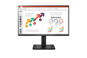 LG 24BP45SP-B Monitor előlnézetben, talpra szerelve. A kijelzőn üzleti diagramok prezentációval.