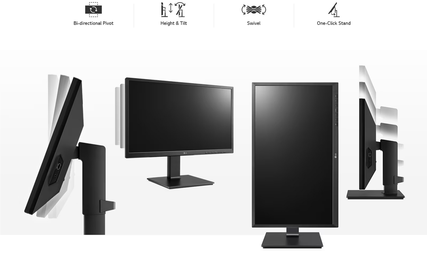 LG 24BP750C-B Monitor formatervezése és mozgástartománya minden irányból bemutatva.