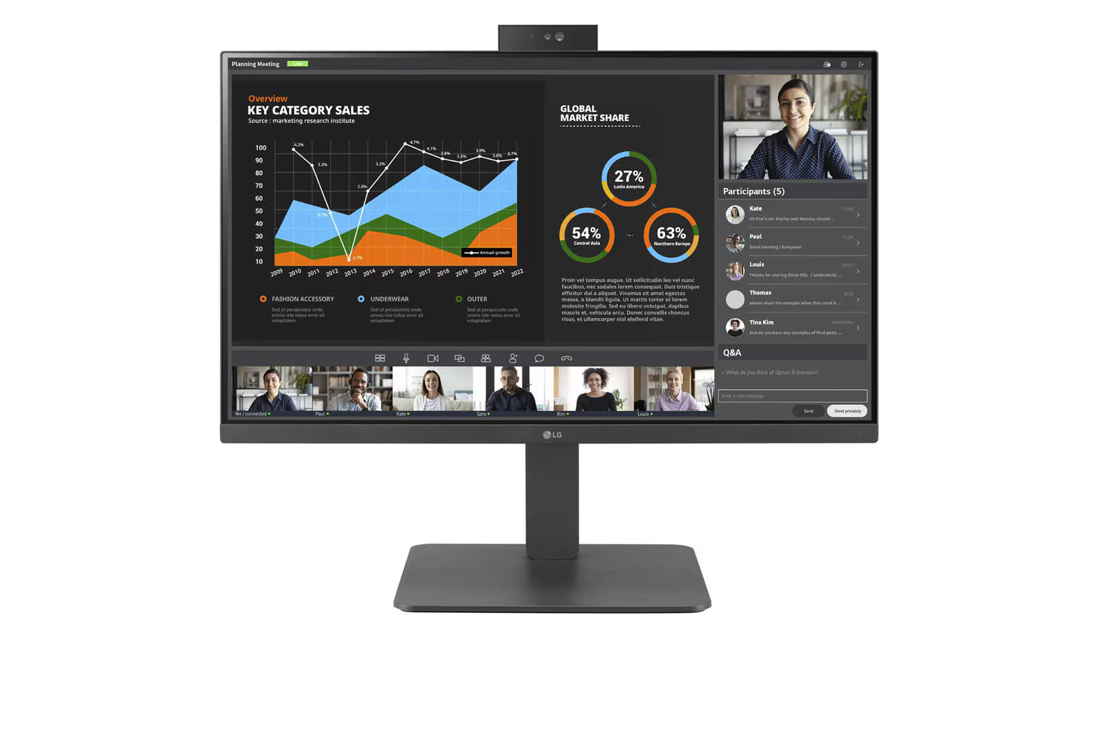 LG 24BR750C Monitor előlnézetben talpon. Webcam aktiválva, a kijelzőn powerpoint prezentációs diagramok és meeting.