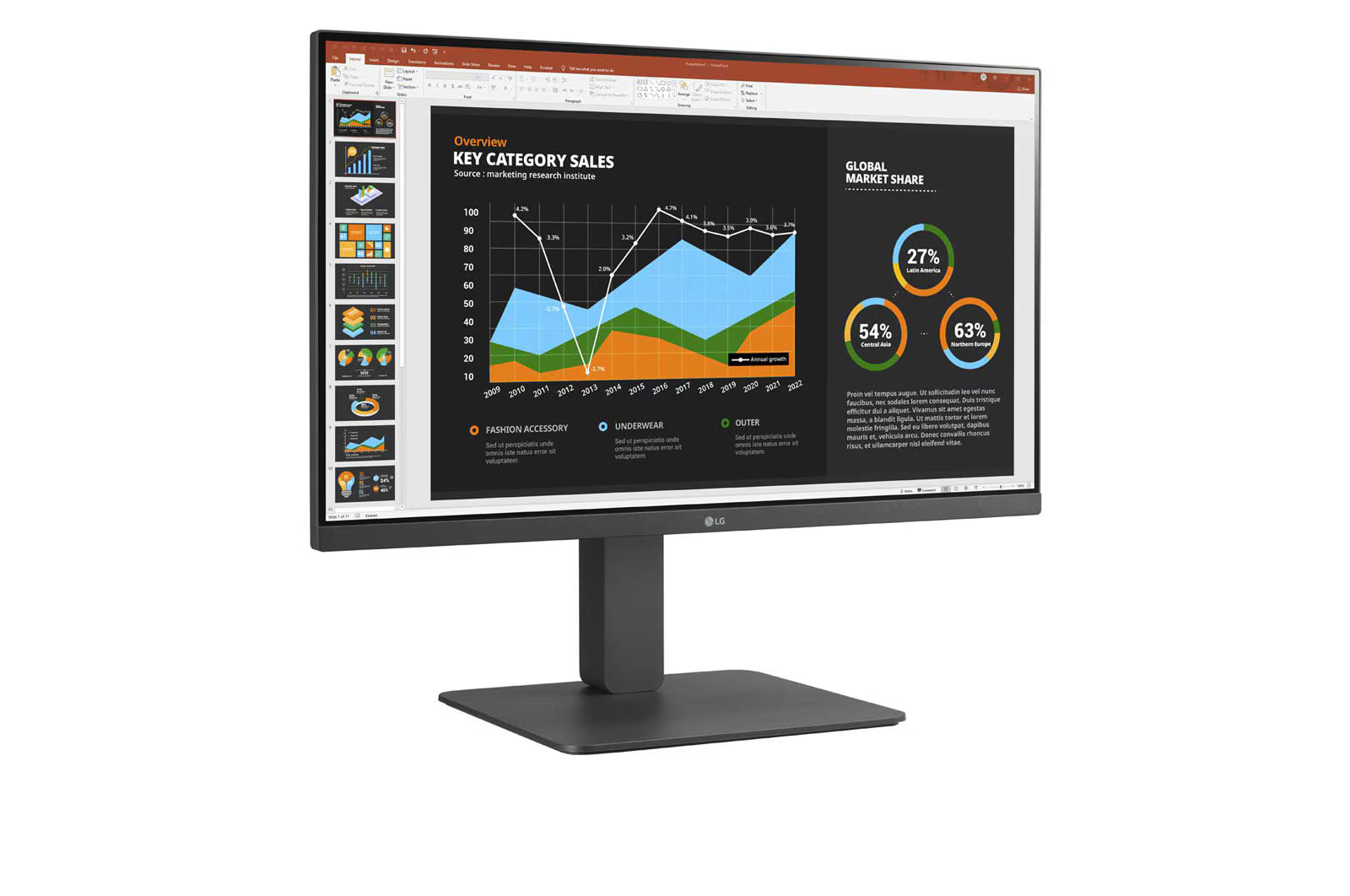 LG 24BR750C Monitor előlnézetben talpon, enyhén jobbra fordítva. A kijelzőn powerpoint prezentációs diagramok.