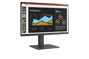 LG 24BR750C Monitor előlnézetben talpon, enyhén jobbra fordítva. A kijelzőn powerpoint prezentációs diagramok.