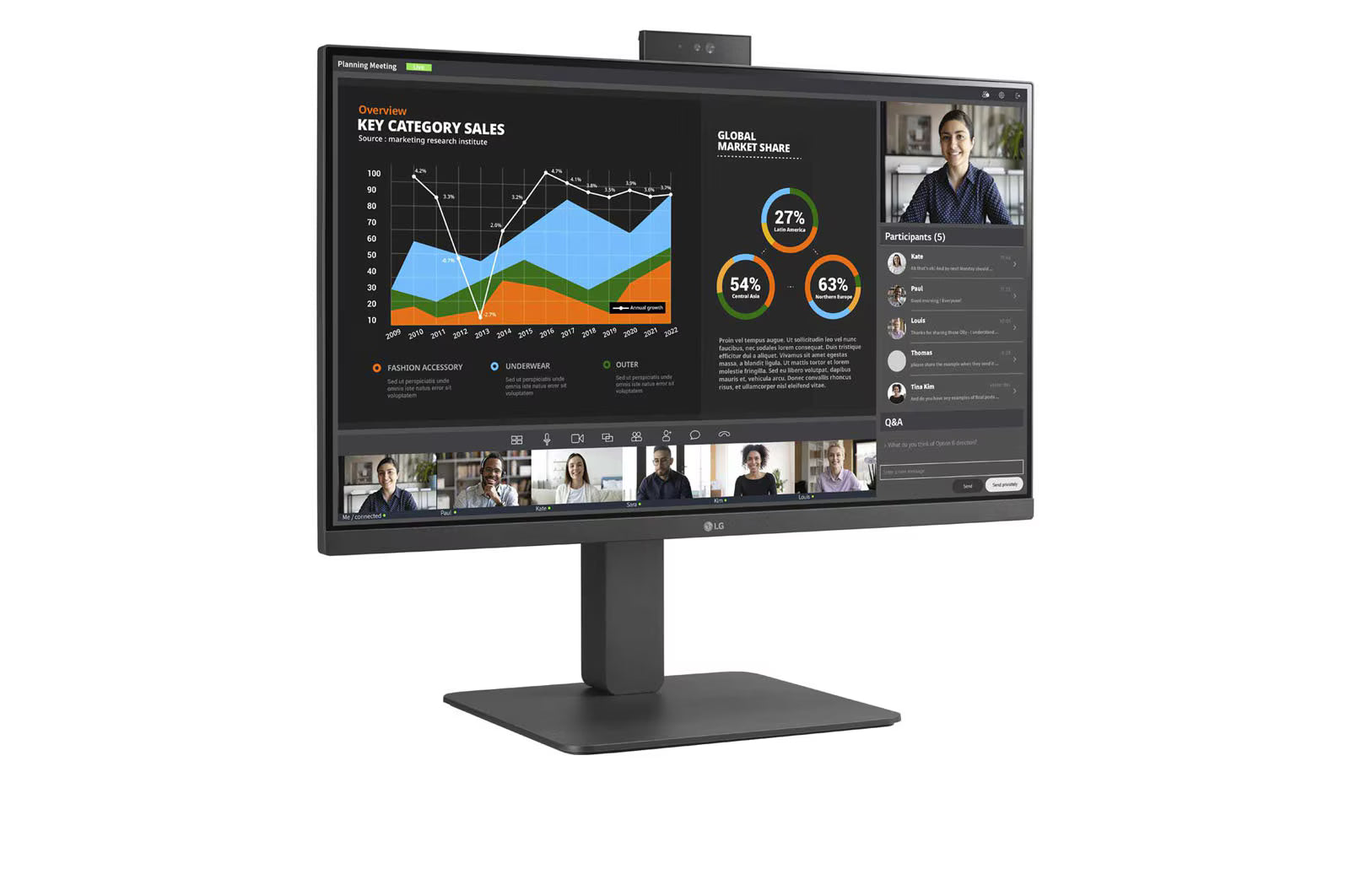 LG 24BR750C Monitor előlnézetben talpon, enyhén jobbra fordítva. Webcam aktiválva, a kijelzőn powerpoint prezentációs diagramok és meeting.
