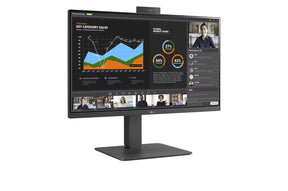LG 24BR750C Monitor előlnézetben talpon, enyhén jobbra fordítva. Webcam aktiválva, a kijelzőn powerpoint prezentációs diagramok és meeting.