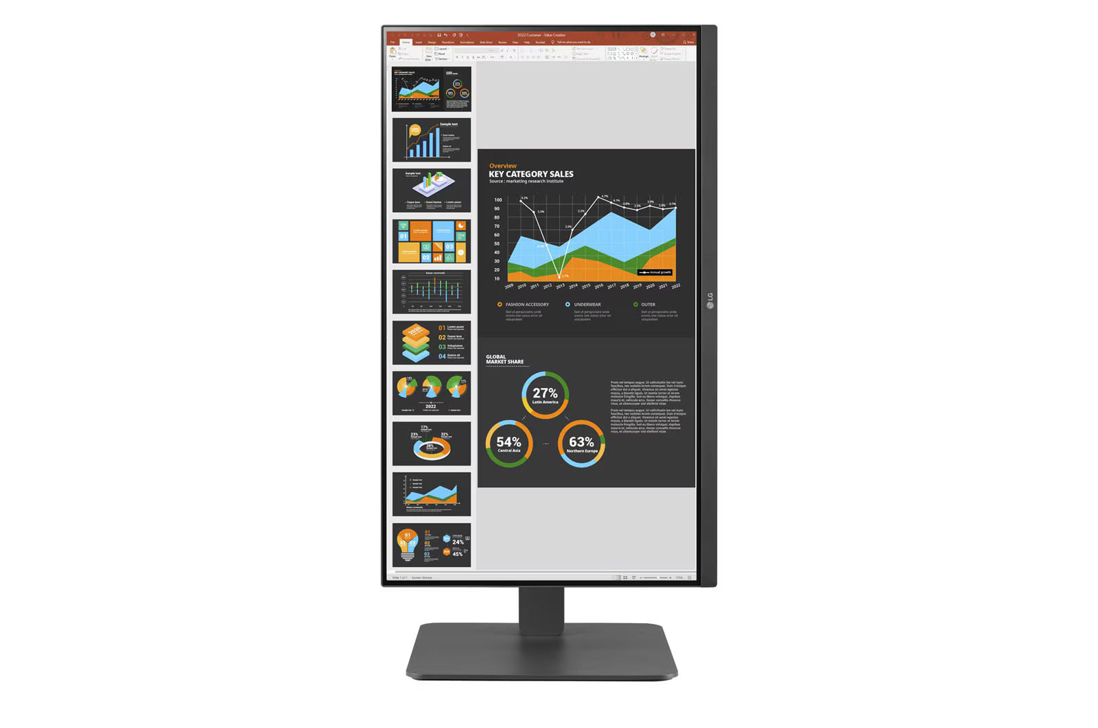 LG 24BR750C Monitor előlnézetben talpon pivot módban elforgatva. A kijelzőn powerpoint prezentációs diagramok.