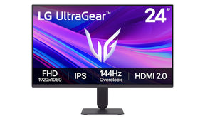 LG 24G411U-B Monitor előlnézetben talpon. A kijelzőn kékes lila absztrakt ábra és a főbb paraméterek.