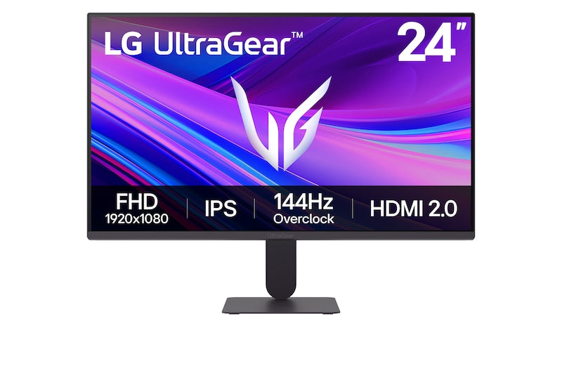 LG 24G411U-B Monitor előlnézetben talpon. A kijelzőn kékes lila absztrakt ábra és a főbb paraméterek.