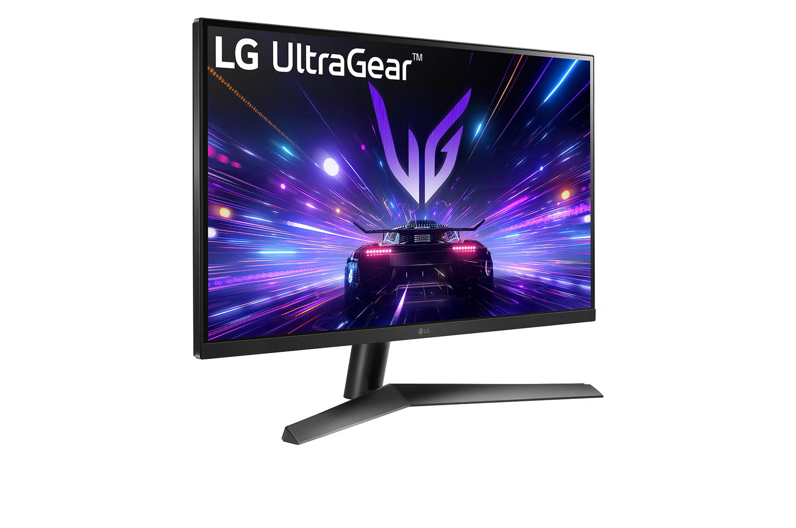 LG 24GS60F Monitor előlnézetben jobbra fordítva, talpon. A kijelzőn sport autó száguld lg ultragear logó alatt.